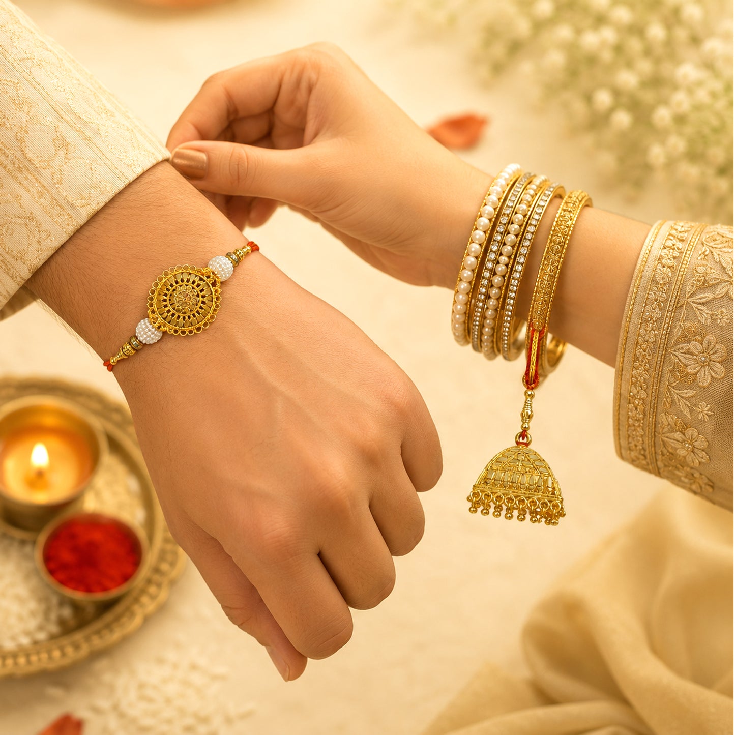 Royal Golden Designer Bhaiya Bhabhi Lumba Rakhi Set with Traditional Jhumki Charm & Elegant Festive Beads
