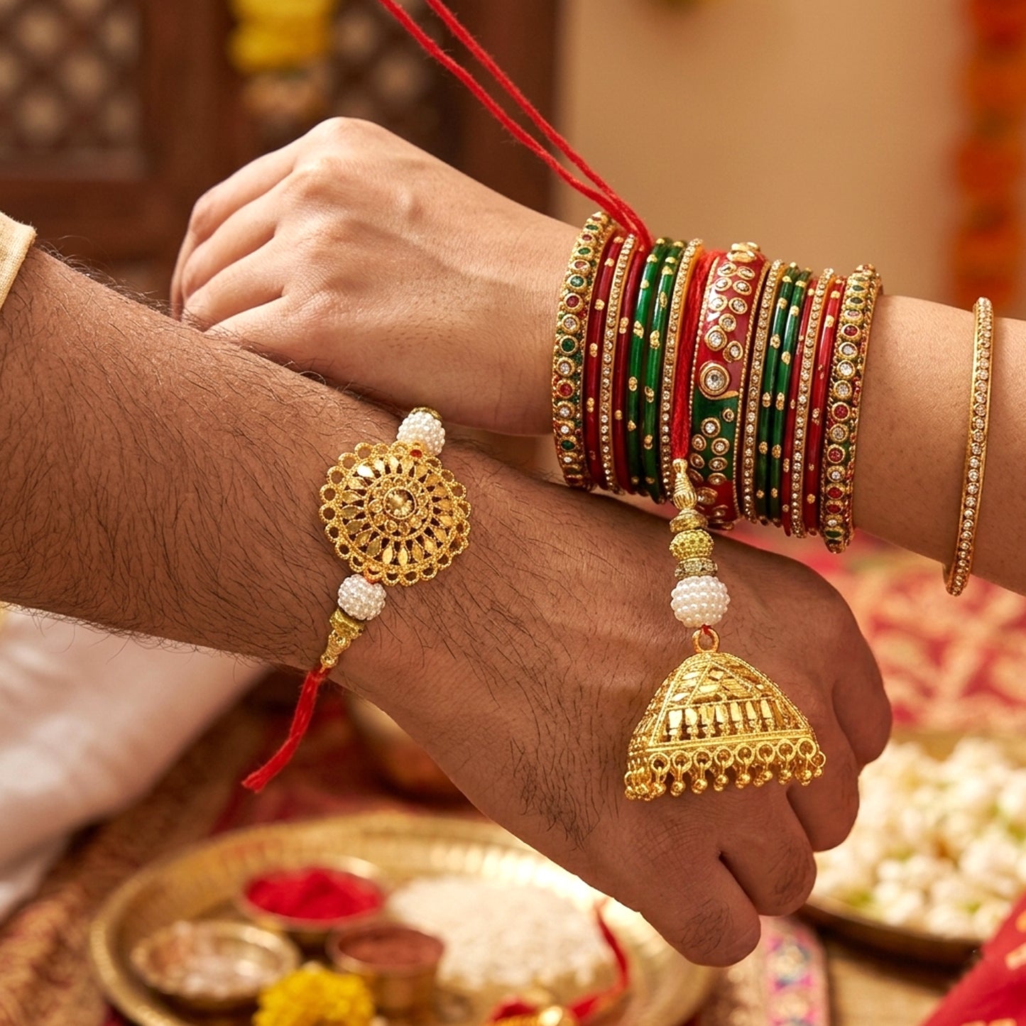 Royal Golden Designer Bhaiya Bhabhi Lumba Rakhi Set with Traditional Jhumki Charm & Elegant Festive Beads