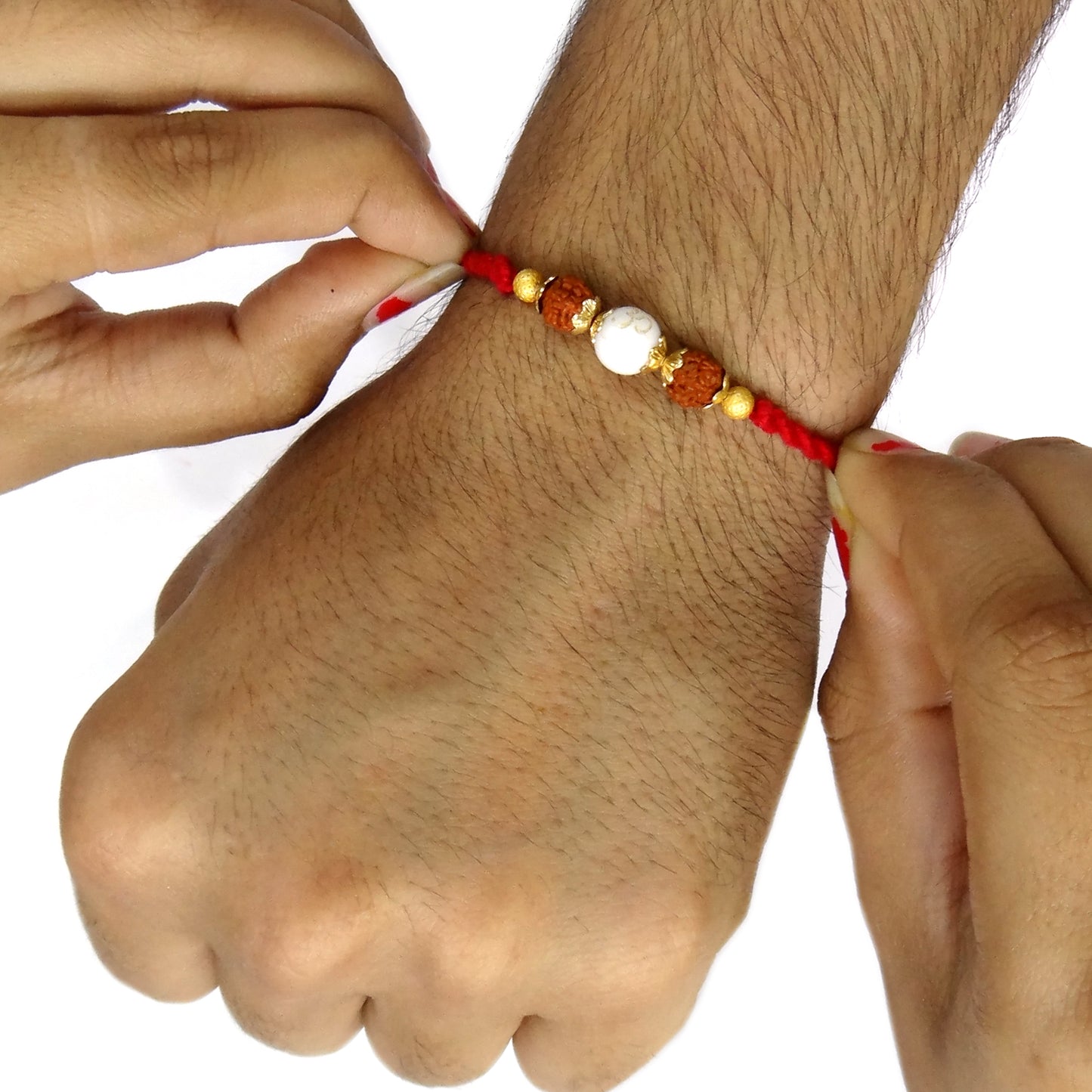 Om Rudraksha Rakhi with White Bead & Red Kalawa Thread for Brother | Handmade Traditional Rakhi