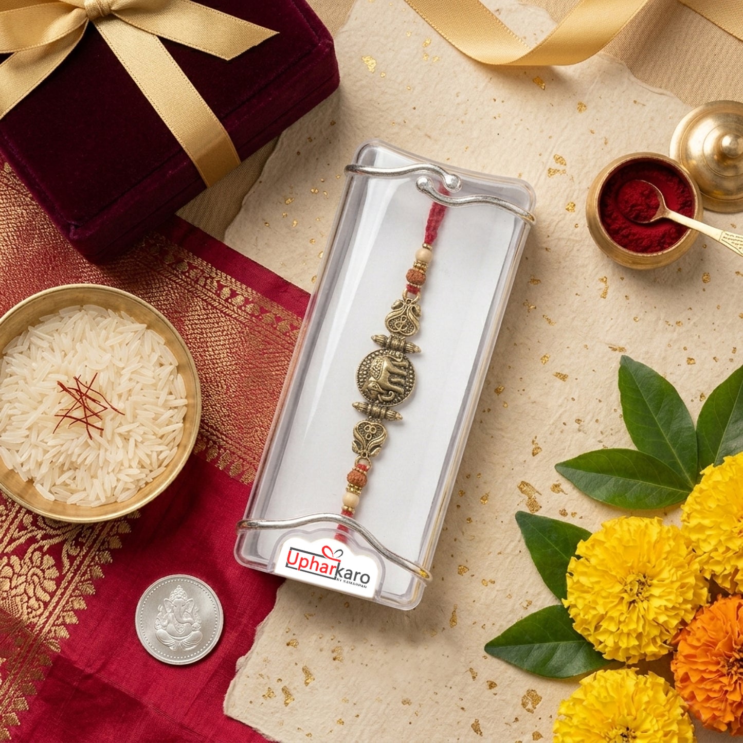 Premium Elephant Designer Rakhi with Rudraksha Beads for Brother | Spiritual Hathi Rakhi