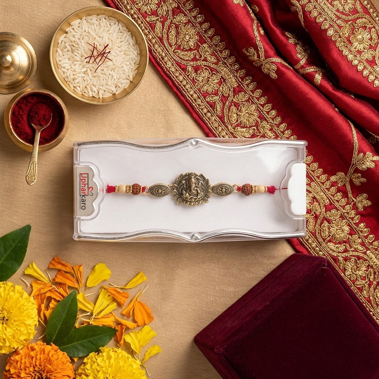 Stylish Classic Ganesh Ji Rakhi with Rudraksha & Antique Finish for Brother | Handmade Rakhi