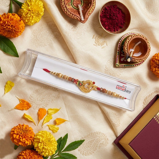 Premium Om Designer Rakhi with Rudraksha & Peacock Feather Charm for Brother | Handmade Rakhi