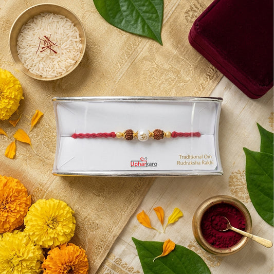 Om Rudraksha Rakhi with White Bead & Red Kalawa Thread for Brother | Handmade Traditional Rakhi
