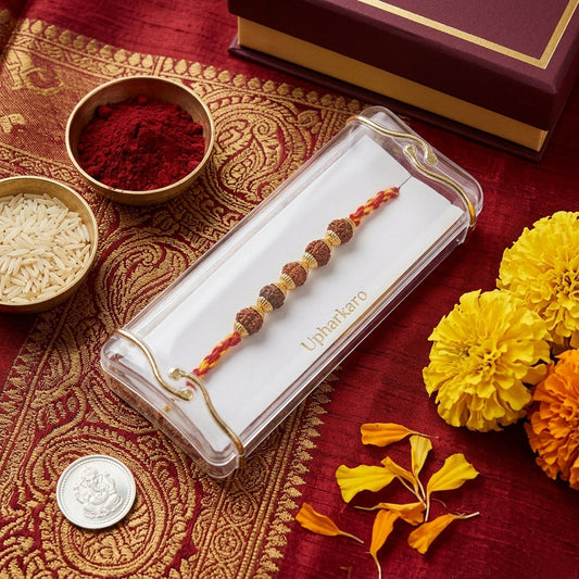 Premium Handmade Rudraksha Rakhi for Brother with Red Kalawa Thread & Golden Beads | Traditional Spiritual Rakhi