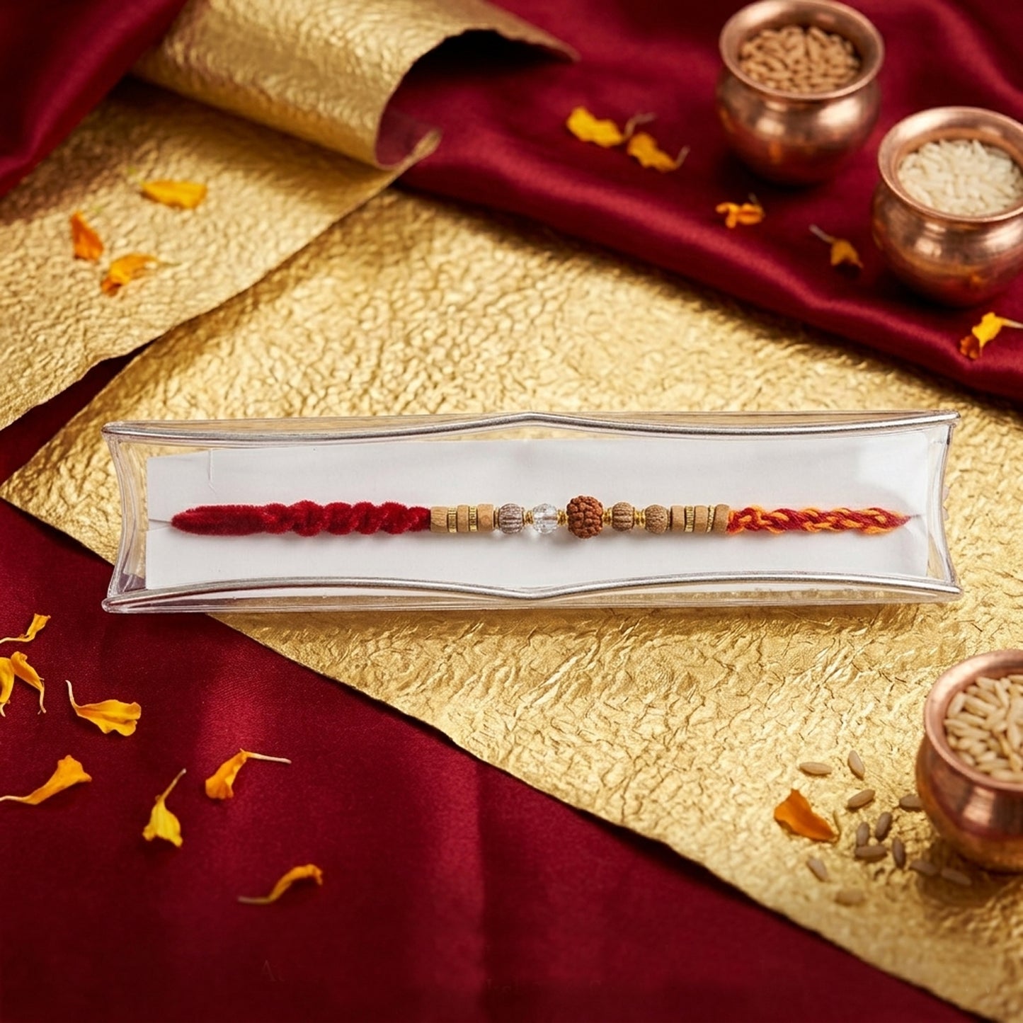 Elegant Rudraksha Bead Rakhi with Wooden Beads | Sacred Rakhi for Bhai