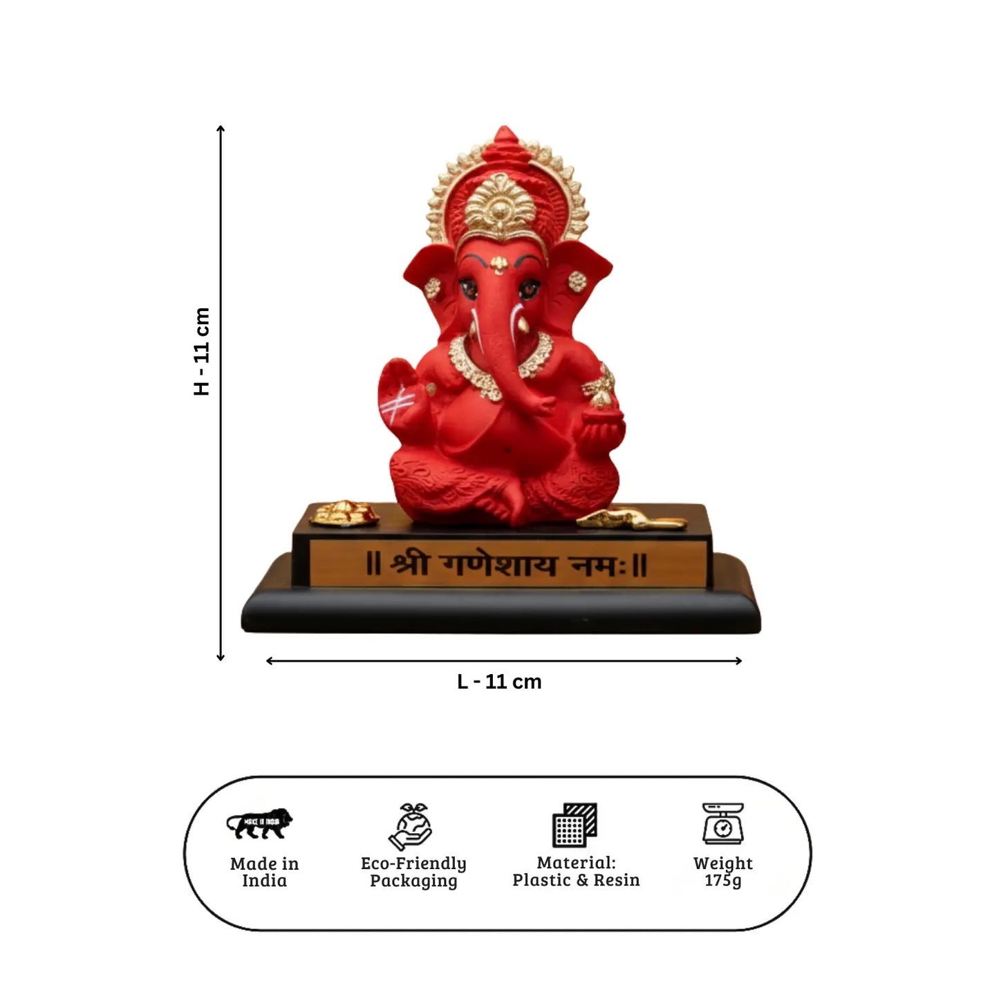 Red Ganesha statue with measurements and product details on a white background