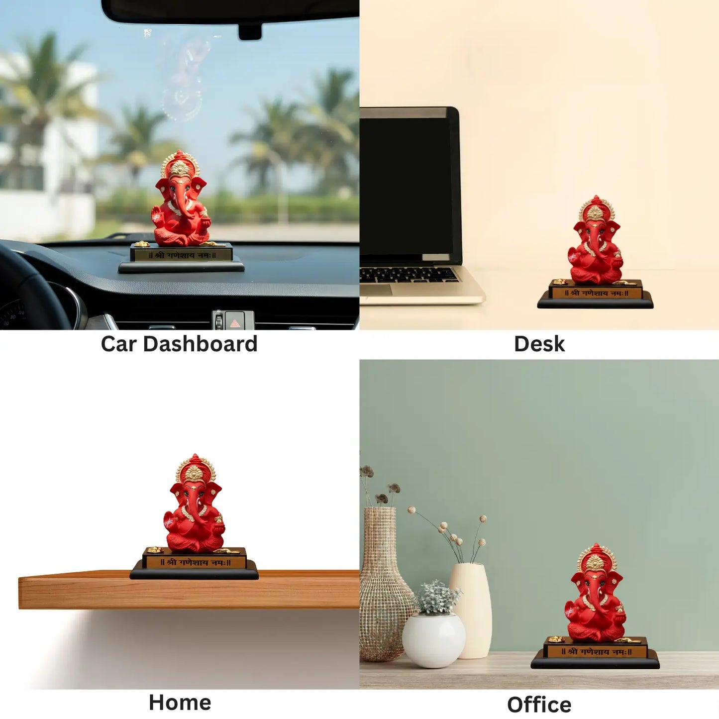 Red figurine on a black base displayed in various settings including car dashboard, desk, home, and office.