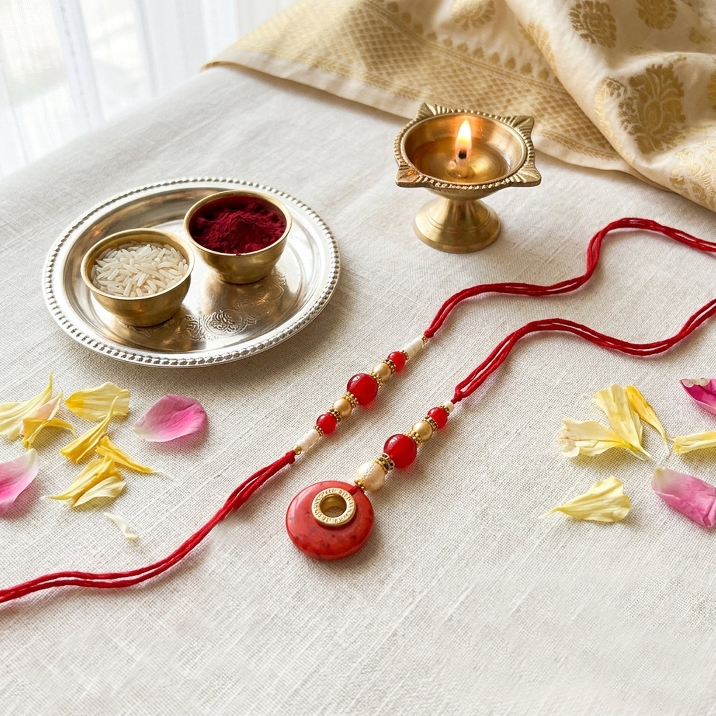 Elegant Bhaiya Bhabhi Lumba Rakhi Set with Pearl Beads | Designer Couple Rakhi for Raksha Bandhan (red)