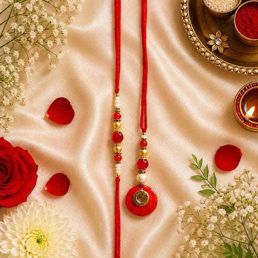 Elegant Bhaiya Bhabhi Lumba Rakhi Set with Pearl Beads | Designer Couple Rakhi for Raksha Bandhan (red)
