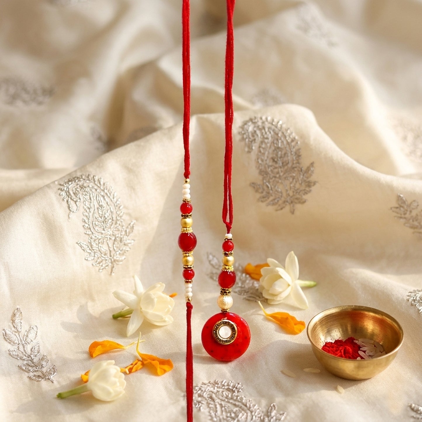 Elegant Bhaiya Bhabhi Lumba Rakhi Set with Pearl Beads | Designer Couple Rakhi for Raksha Bandhan (red)