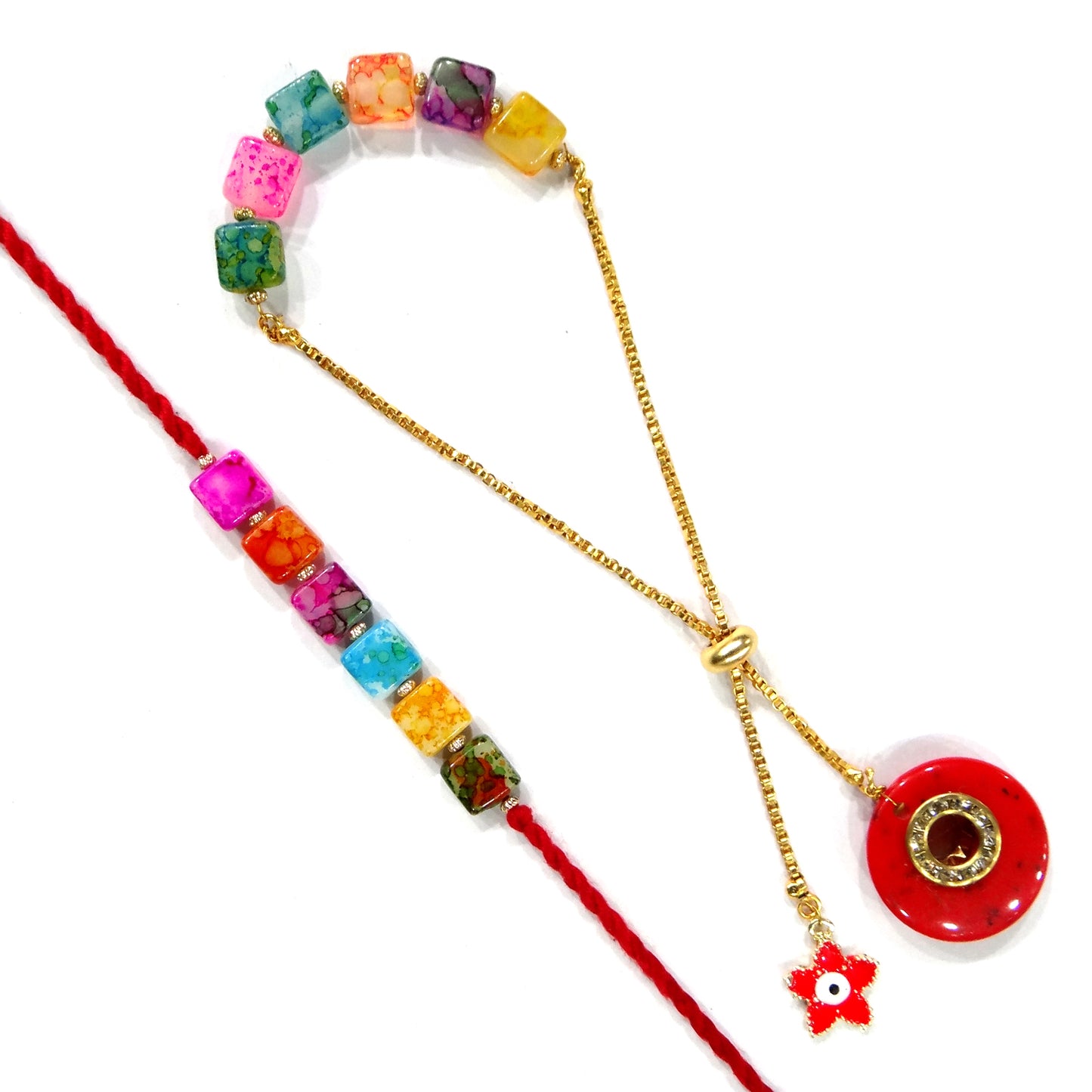 Rainbow Beads Designer Bhaiya-Bhabhi Lumba Rakhi Set with Unicorn Charm & Adjustable Bracelet Style (Red) By Upharkaro