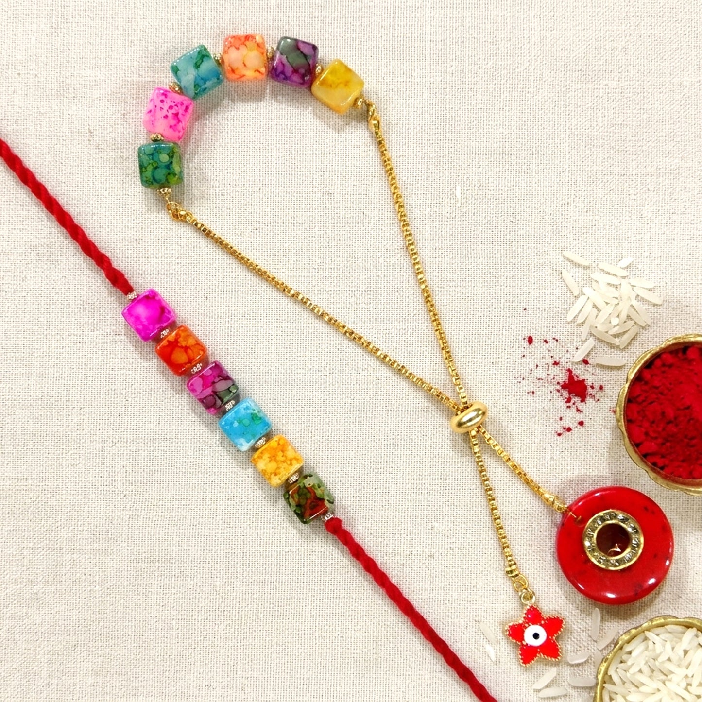 Rainbow Beads Designer Bhaiya-Bhabhi Lumba Rakhi Set with Unicorn Charm & Adjustable Bracelet Style (Red) By Upharkaro