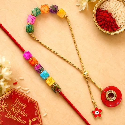 Rainbow Beads Designer Bhaiya-Bhabhi Lumba Rakhi Set with Unicorn Charm & Adjustable Bracelet Style (Red) By Upharkaro