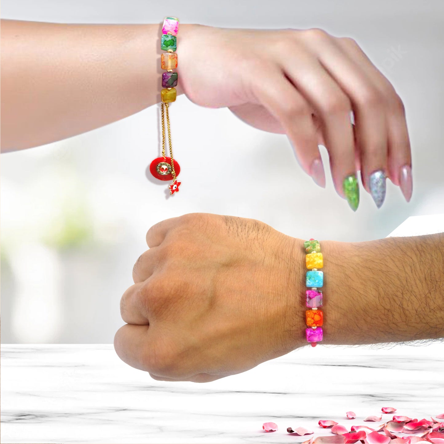 Rainbow Beads Designer Bhaiya-Bhabhi Lumba Rakhi Set with Unicorn Charm & Adjustable Bracelet Style (Red) By Upharkaro