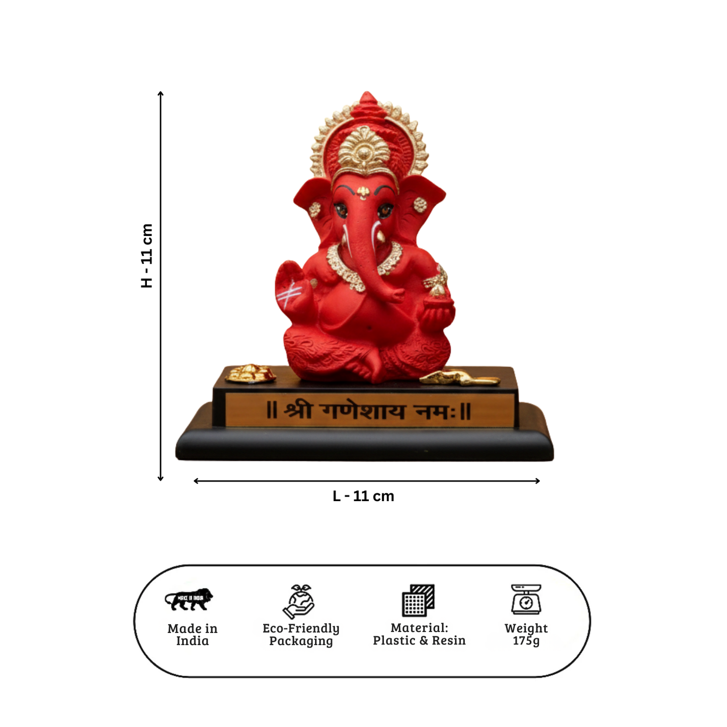 Red Ganesha statue with measurements and product details on a white background