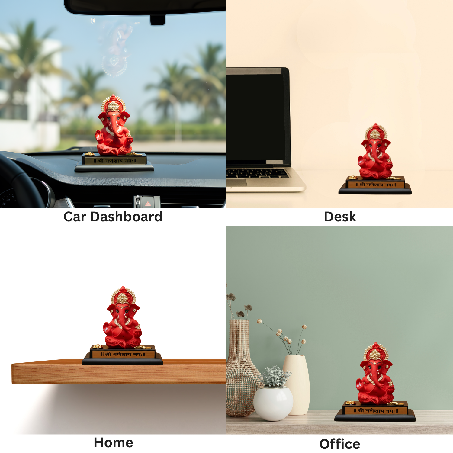Red figurine on a black base displayed in various settings including car dashboard, desk, home, and office.