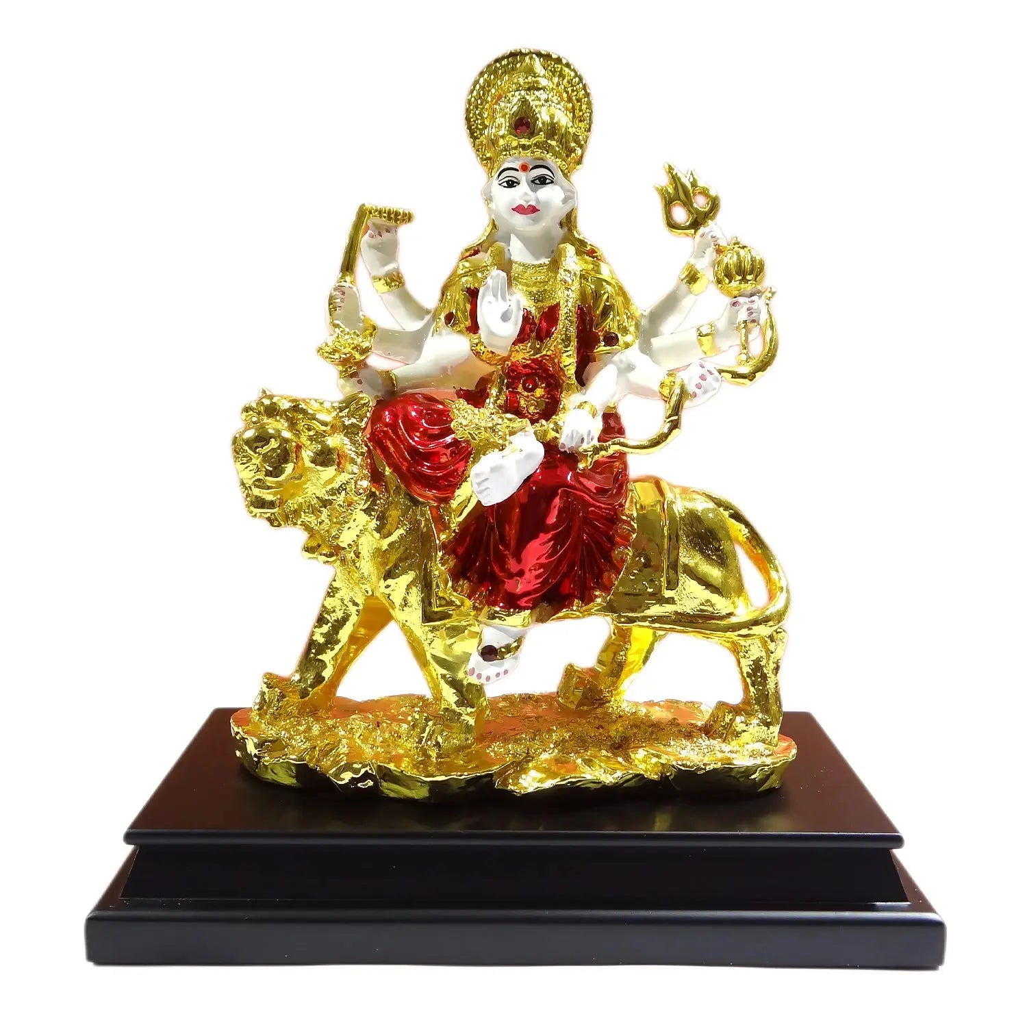 Decorative statue of a deity on a lion with gold and red colors on a white background