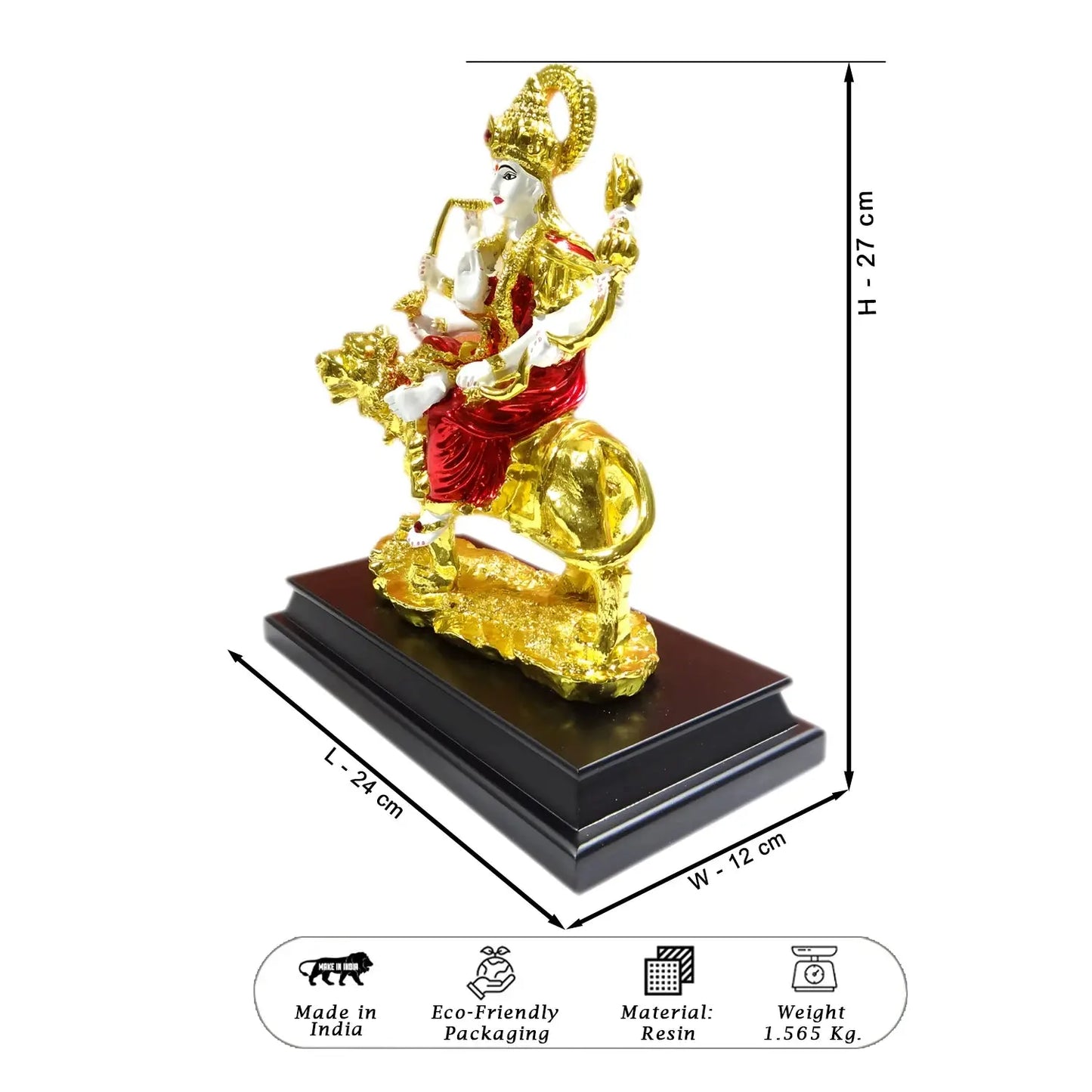 Decorative statue on a black base with dimensions and product details.