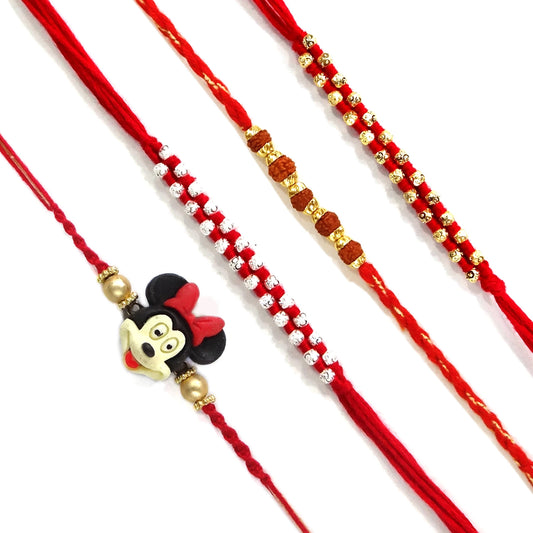 Rudraksha Radiance Rakhi Combo with Minnie Kids Rakhi – Set of 4 for Brothers | Upharkaro-Upharkaro