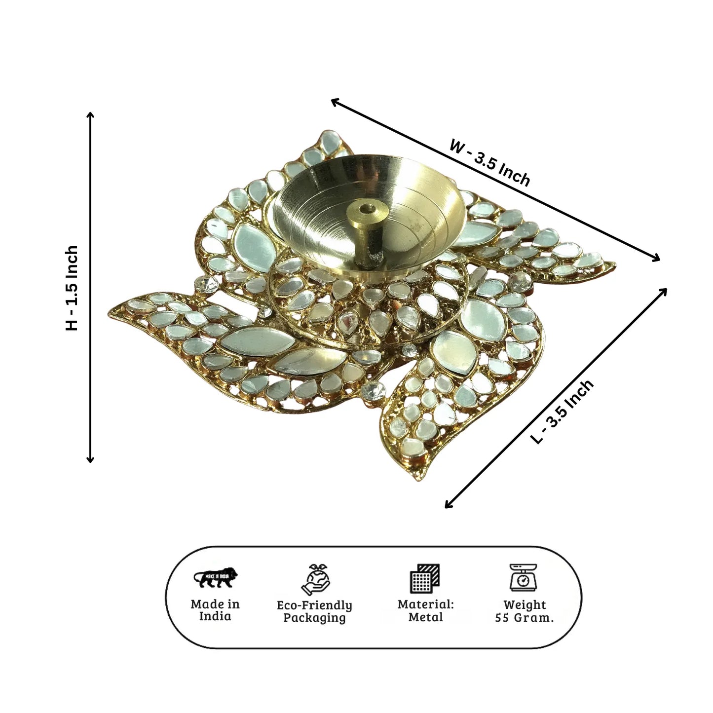 Decorative Diya with measurements on a white background