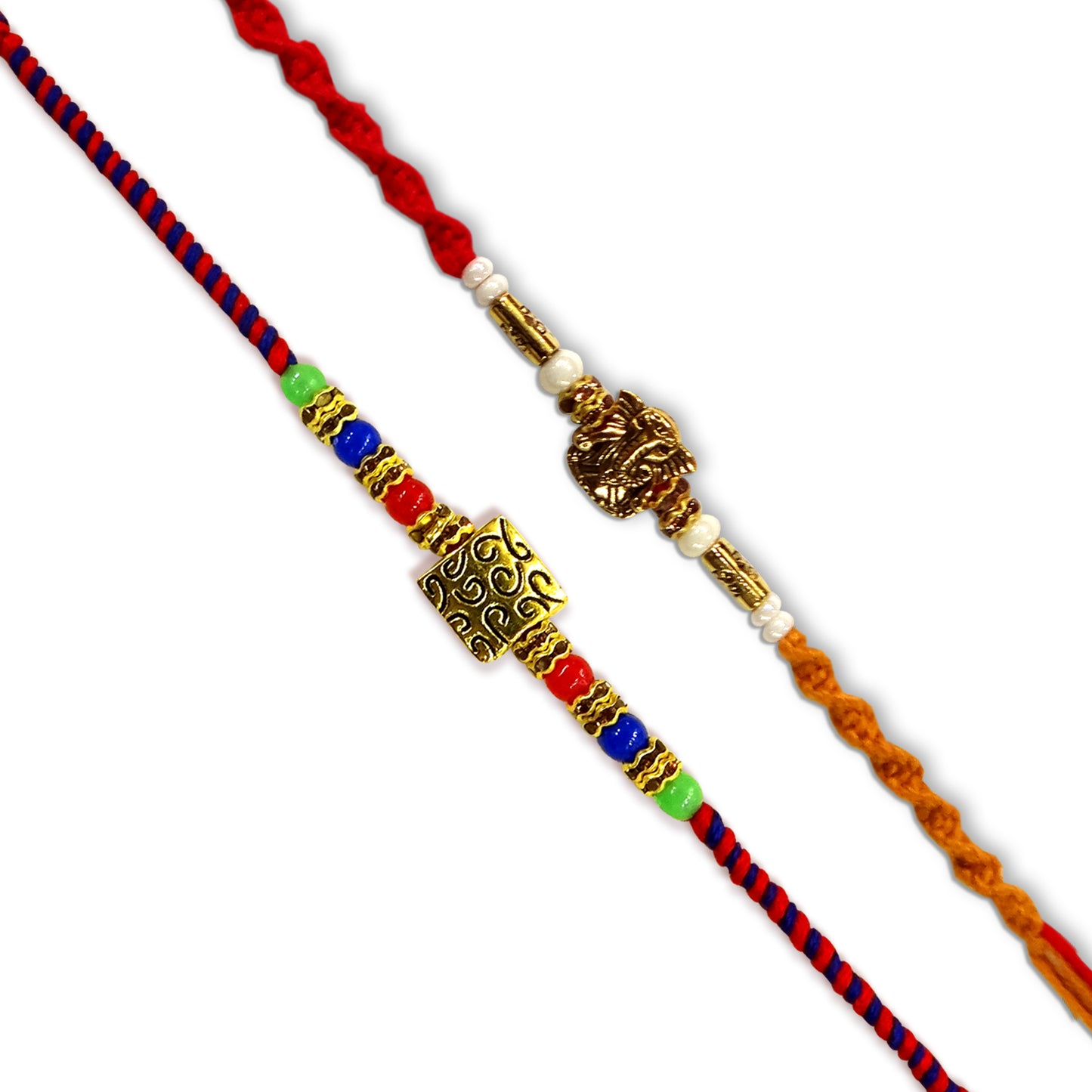 Upharkaro Premium Designer Rakhi Set for Brother | Handmade Lord Ganesha & Multicolor Beaded Raksha Bandhan Rakhi with Red Sacred Thread | Traditional Adjustable Rakhi | Pack of 2