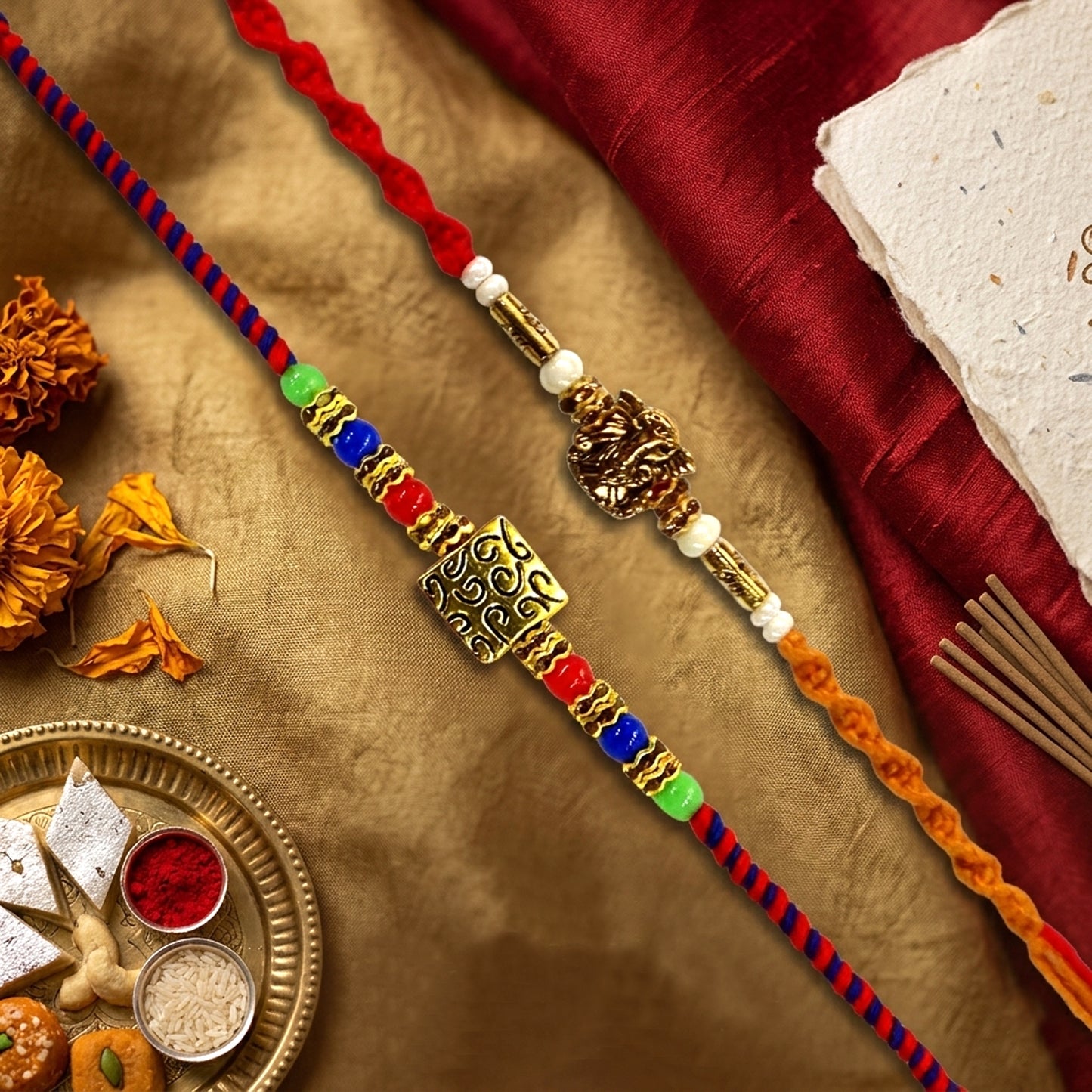 Upharkaro Premium Designer Rakhi Set for Brother | Handmade Lord Ganesha & Multicolor Beaded Raksha Bandhan Rakhi with Red Sacred Thread | Traditional Adjustable Rakhi | Pack of 2
