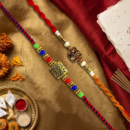 Upharkaro Premium Designer Rakhi Set for Brother | Handmade Lord Ganesha & Multicolor Beaded Raksha Bandhan Rakhi with Red Sacred Thread | Traditional Adjustable Rakhi | Pack of 2