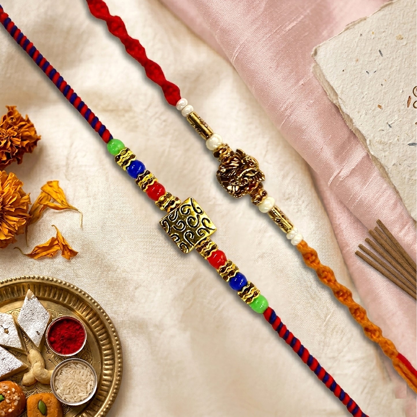Upharkaro Premium Designer Rakhi Set for Brother | Handmade Lord Ganesha & Multicolor Beaded Raksha Bandhan Rakhi with Red Sacred Thread | Traditional Adjustable Rakhi | Pack of 2
