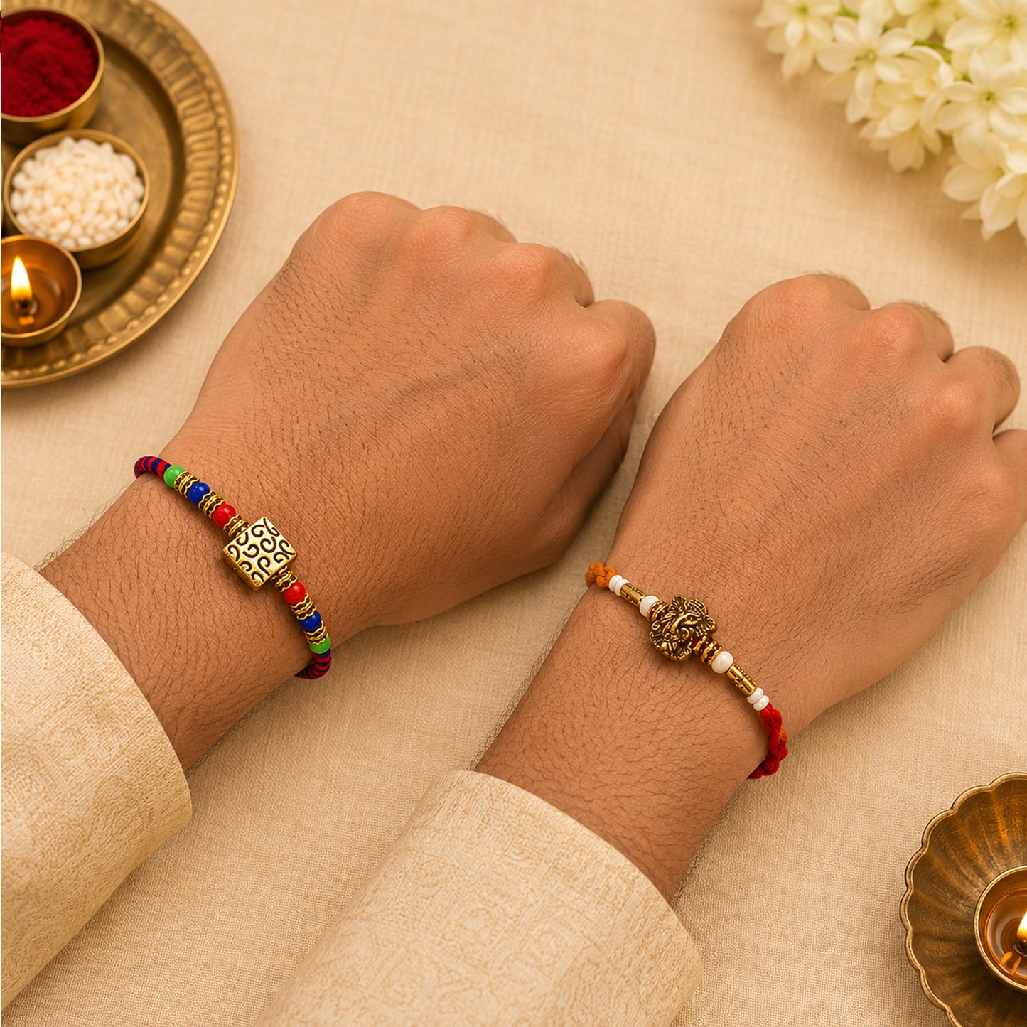 Upharkaro Premium Designer Rakhi Set for Brother | Handmade Lord Ganesha & Multicolor Beaded Raksha Bandhan Rakhi with Red Sacred Thread | Traditional Adjustable Rakhi | Pack of 2