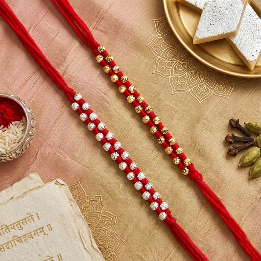 Upharkaro Premium Designer Rakhi Set for Brother | Handmade Gold & Silver Beads Raksha Bandhan Rakhi with Red Sacred Thread | Traditional Adjustable Rakhi | Pack of 2