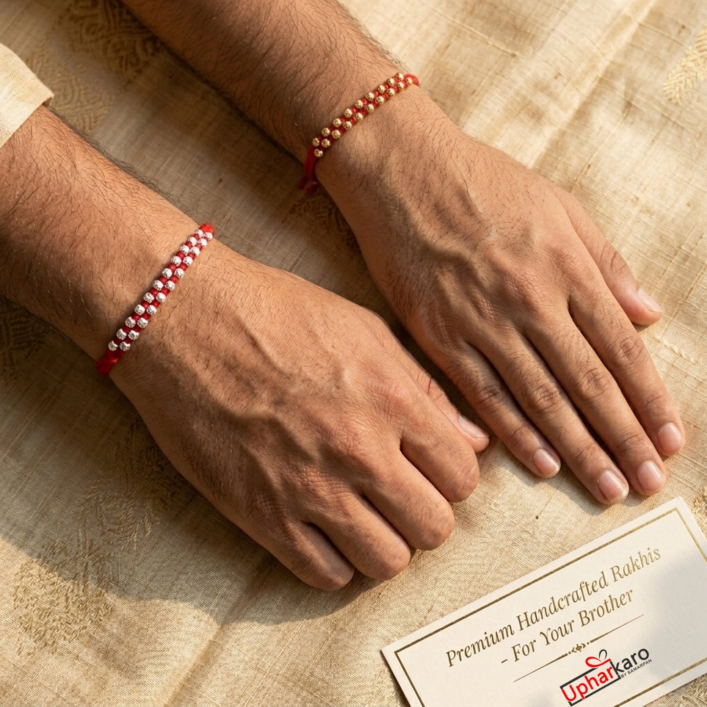 Upharkaro Premium Designer Rakhi Set for Brother | Handmade Gold & Silver Beads Raksha Bandhan Rakhi with Red Sacred Thread | Traditional Adjustable Rakhi | Pack of 2
