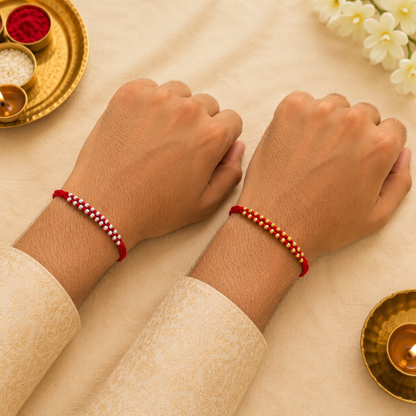 Upharkaro Premium Designer Rakhi Set for Brother | Handmade Gold & Silver Beads Raksha Bandhan Rakhi with Red Sacred Thread | Traditional Adjustable Rakhi | Pack of 2