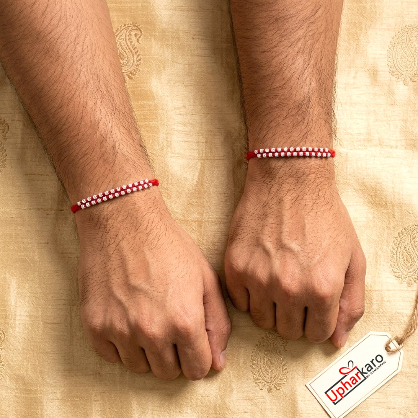 Upharkaro Premium Silver Beads Rakhi Set for Brother | Handmade Traditional Raksha Bandhan Rakhi with Red Sacred Thread | Elegant Adjustable Rakhi | Pack of 2