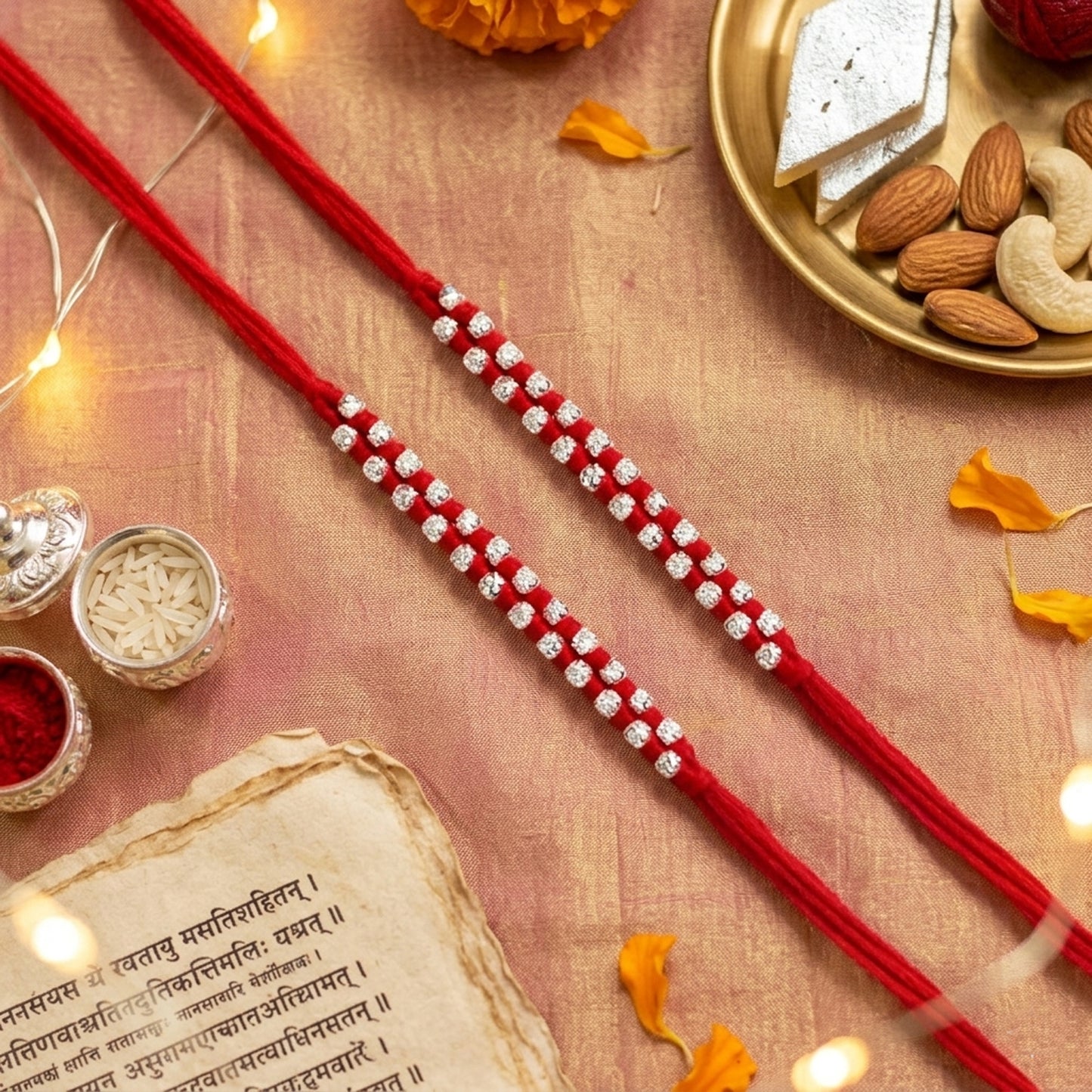 Upharkaro Premium Silver Beads Rakhi Set for Brother | Handmade Traditional Raksha Bandhan Rakhi with Red Sacred Thread | Elegant Adjustable Rakhi | Pack of 2
