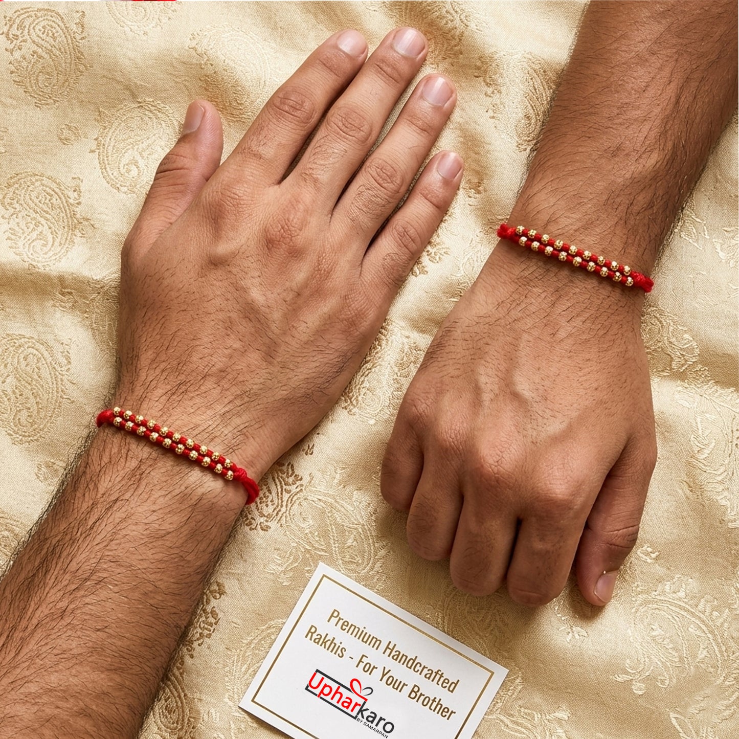 Upharkaro Premium Golden Beads Rakhi Set for Brother | Handmade Traditional Raksha Bandhan Rakhi with Red Sacred Thread | Elegant Designer Rakhi | Pack of 2