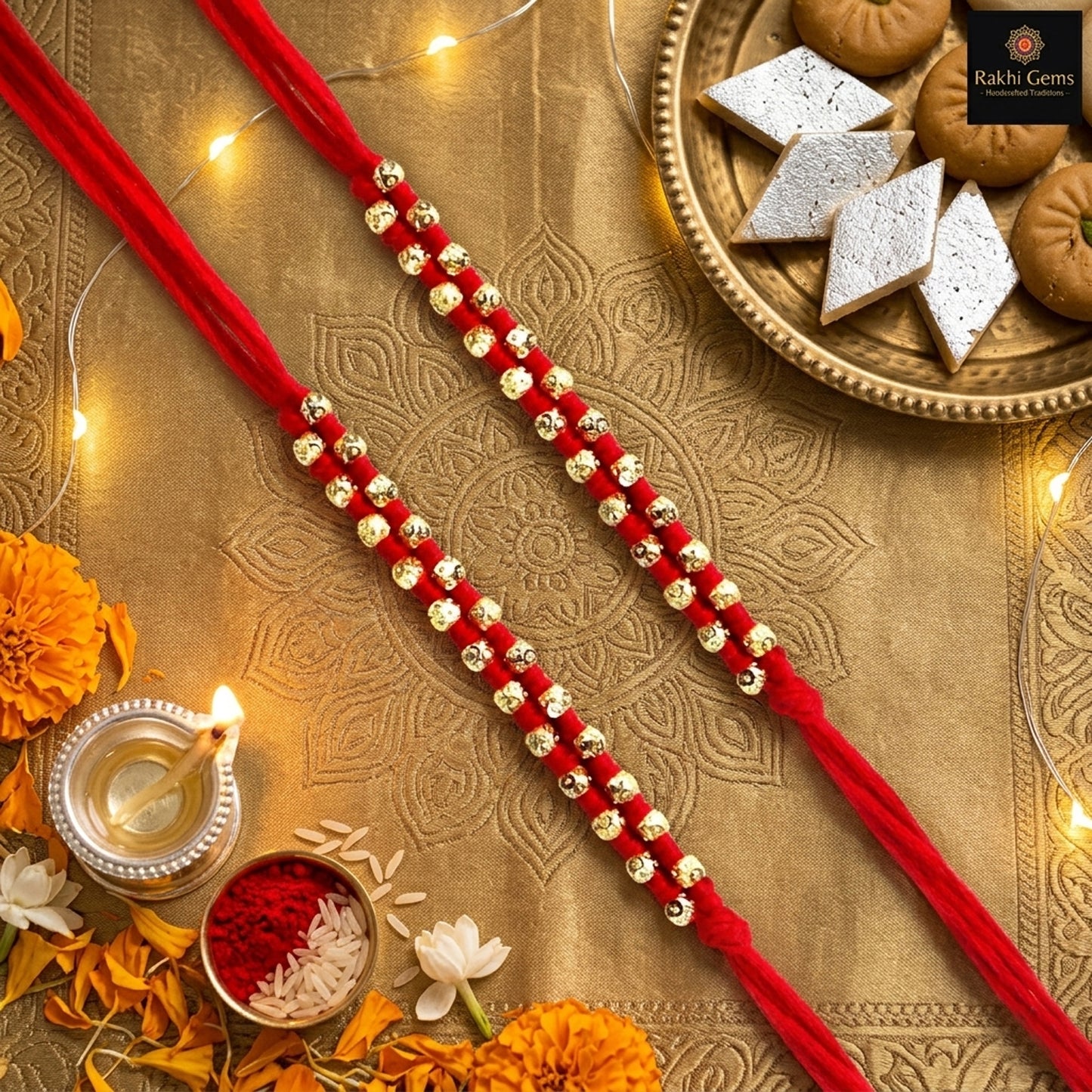 Upharkaro Premium Golden Beads Rakhi Set for Brother | Handmade Traditional Raksha Bandhan Rakhi with Red Sacred Thread | Elegant Designer Rakhi | Pack of 2