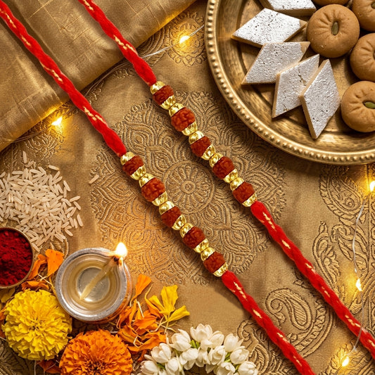 Upharkaro Premium Rudraksha Rakhi Set for Bhai | Traditional Handmade Raksha Bandhan Rakhi with Golden Beads | Spiritual & Adjustable Sacred Thread | Pack of 2