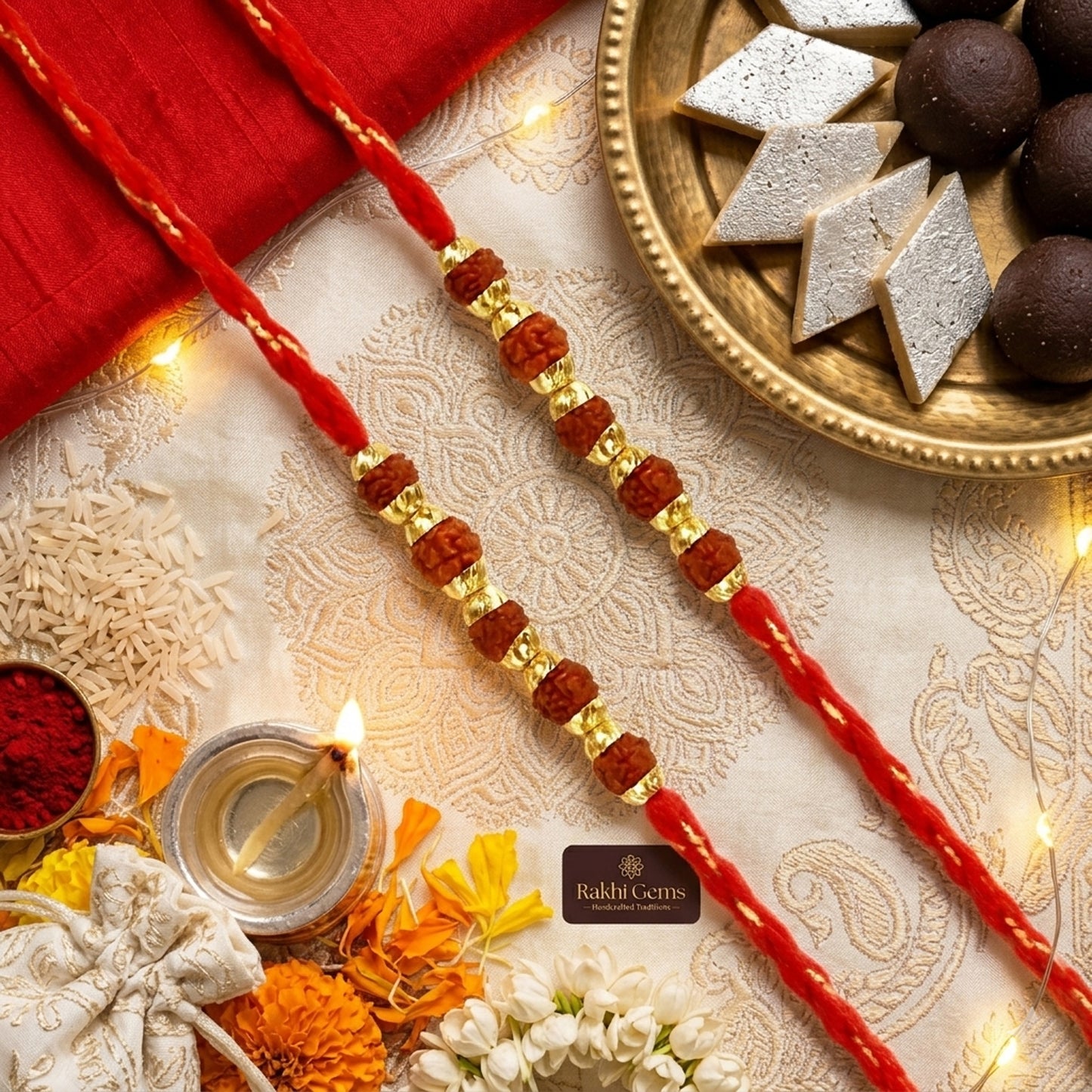 Upharkaro Premium Rudraksha Rakhi Set for Bhai | Traditional Handmade Raksha Bandhan Rakhi with Golden Beads | Spiritual & Adjustable Sacred Thread | Pack of 2