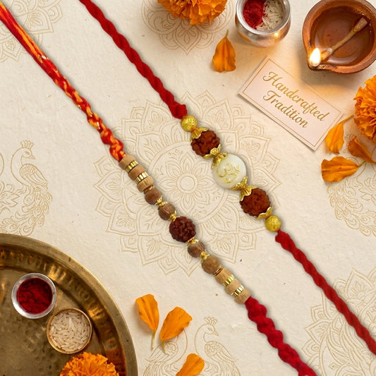 Upharkaro Premium Om & Rudraksha Rakhi Set for Brother | Handmade Designer Raksha Bandhan Rakhi with Rudraksha, Wooden Beads & Red Sacred Thread | Traditional Adjustable Rakhi | Pack of 2