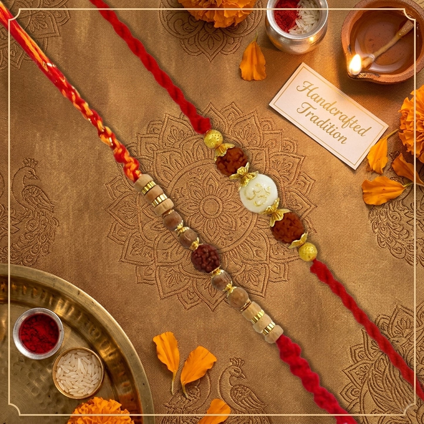 Upharkaro Premium Om & Rudraksha Rakhi Set for Brother | Handmade Designer Raksha Bandhan Rakhi with Rudraksha, Wooden Beads & Red Sacred Thread | Traditional Adjustable Rakhi | Pack of 2