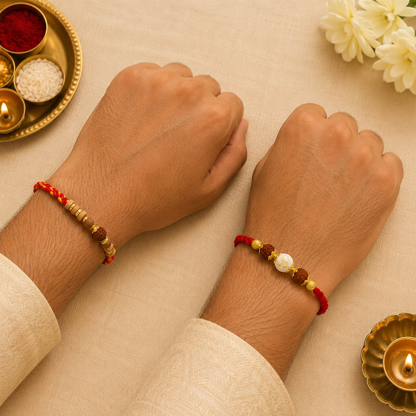 Upharkaro Premium Om & Rudraksha Rakhi Set for Brother | Handmade Designer Raksha Bandhan Rakhi with Rudraksha, Wooden Beads & Red Sacred Thread | Traditional Adjustable Rakhi | Pack of 2
