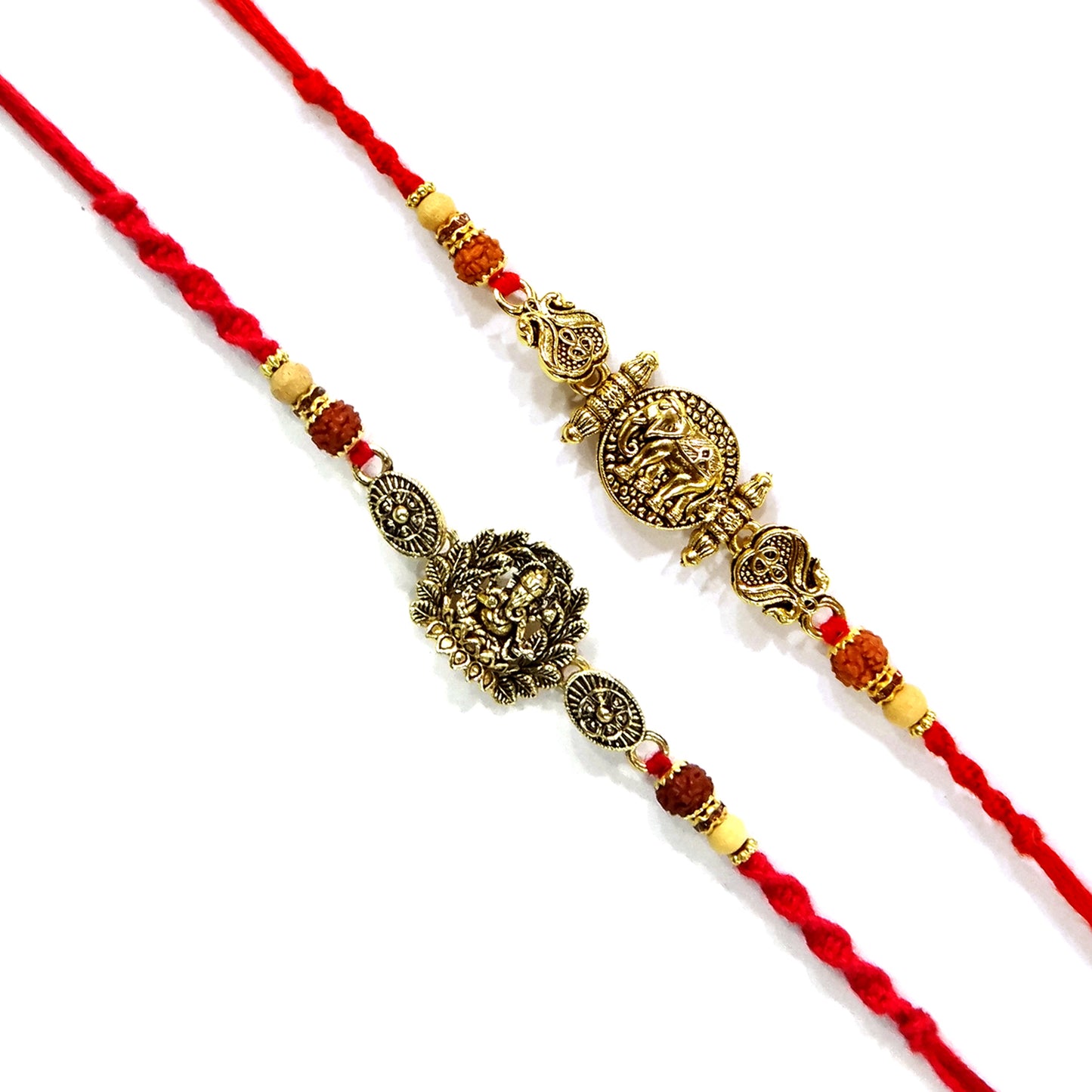 Upharkaro Premium Lord Ganesha & Elephant Designer Rakhi Set for Brother | Handmade Raksha Bandhan Rakhi with Rudraksha, Wooden Beads & Red Sacred Thread | Traditional Adjustable Rakhi | Pack of 2