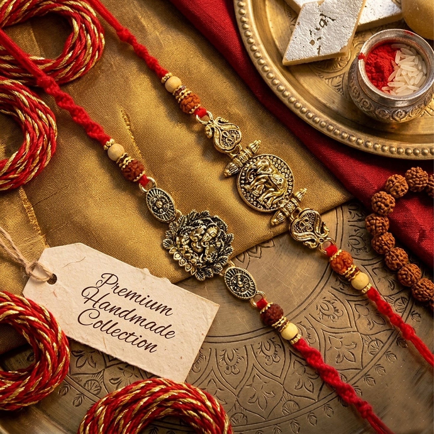 Upharkaro Premium Lord Ganesha & Elephant Designer Rakhi Set for Brother | Handmade Raksha Bandhan Rakhi with Rudraksha, Wooden Beads & Red Sacred Thread | Traditional Adjustable Rakhi | Pack of 2