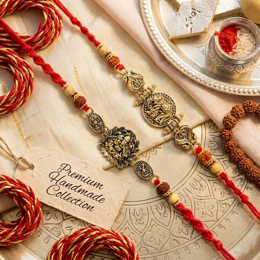 Upharkaro Premium Lord Ganesha & Elephant Designer Rakhi Set for Brother | Handmade Raksha Bandhan Rakhi with Rudraksha, Wooden Beads & Red Sacred Thread | Traditional Adjustable Rakhi | Pack of 2