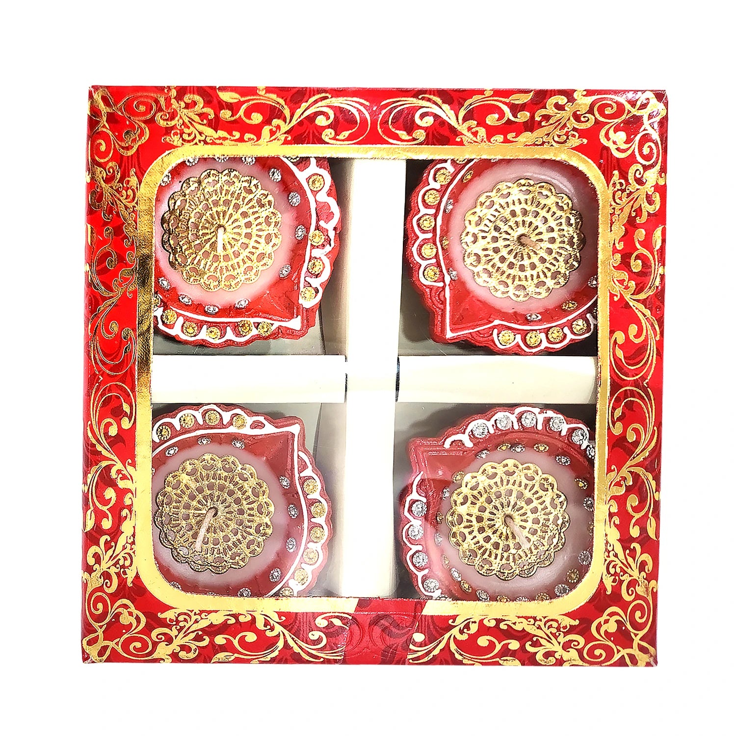Decorative candles in a red and gold box with intricate patterns
