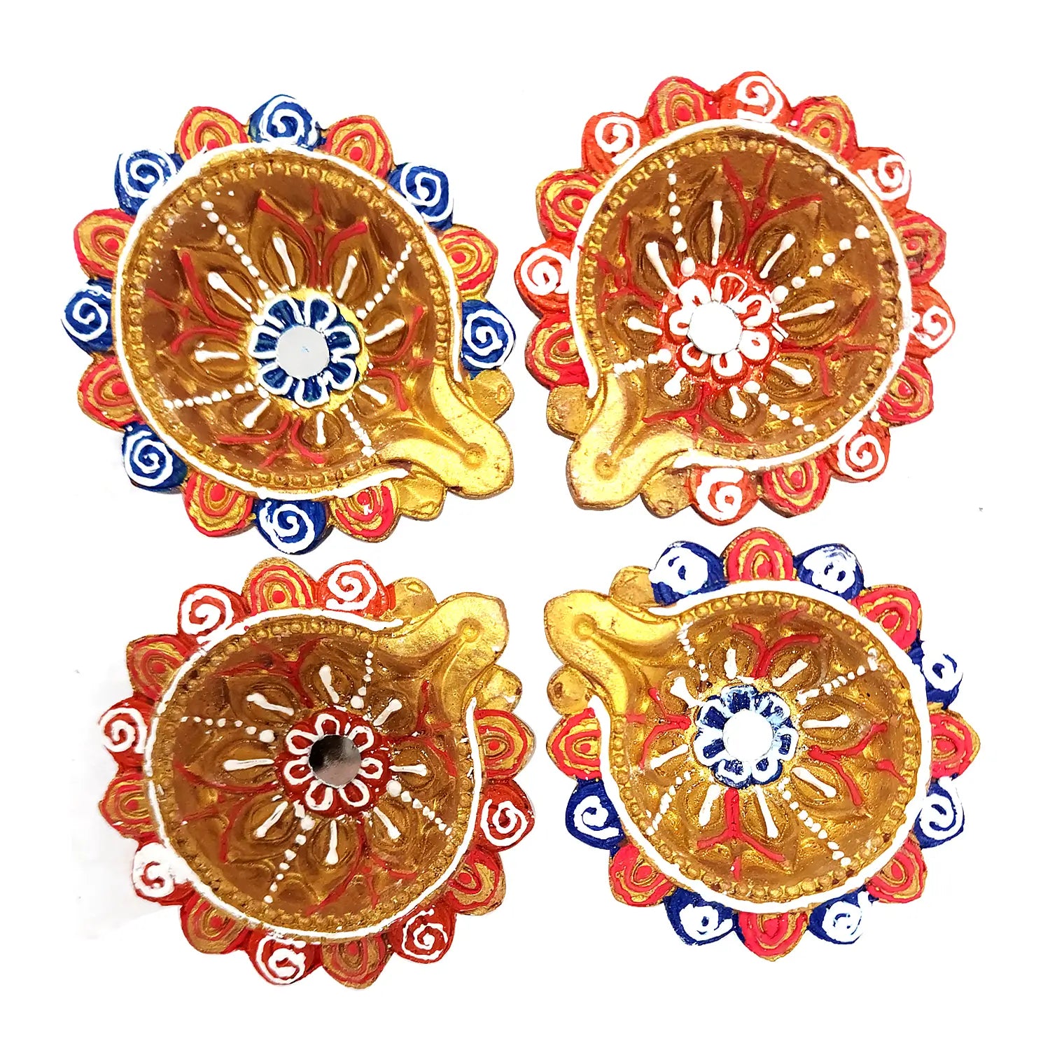 Four decorative circular items with intricate designs on a white background
