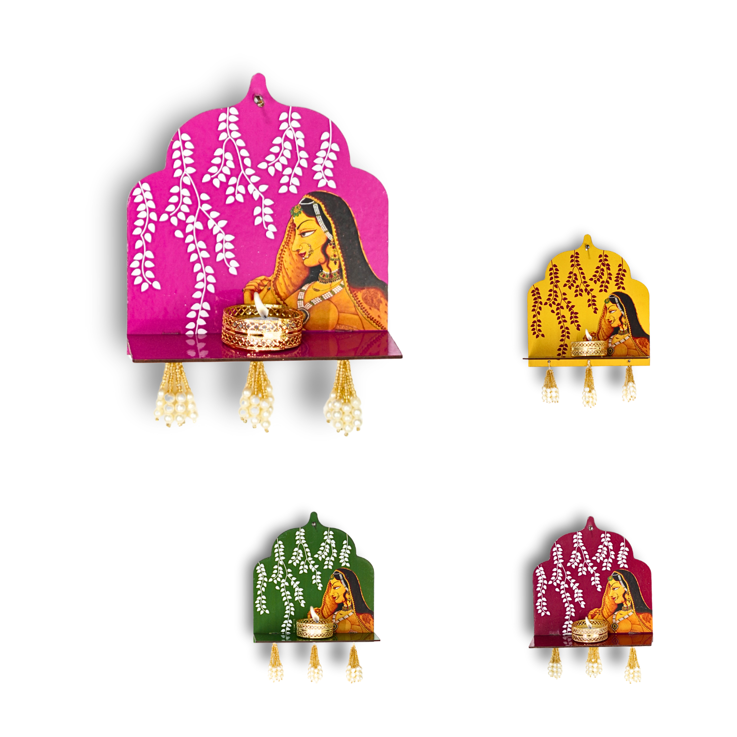 Set of four decorative wall hangings with a woman and floral designs on a white background.