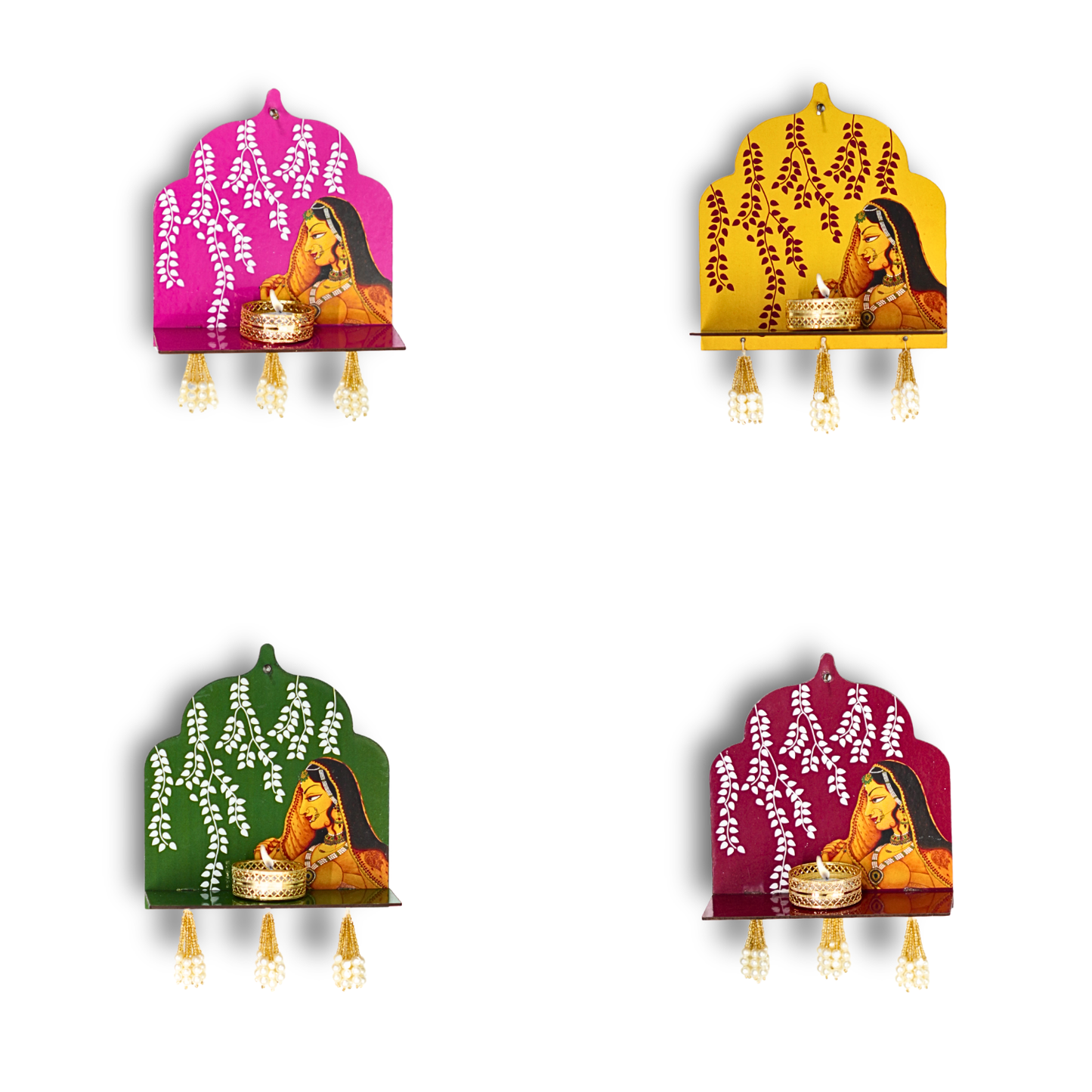 Set of four decorative wall hangings with a woman's face and floral designs on a white background.