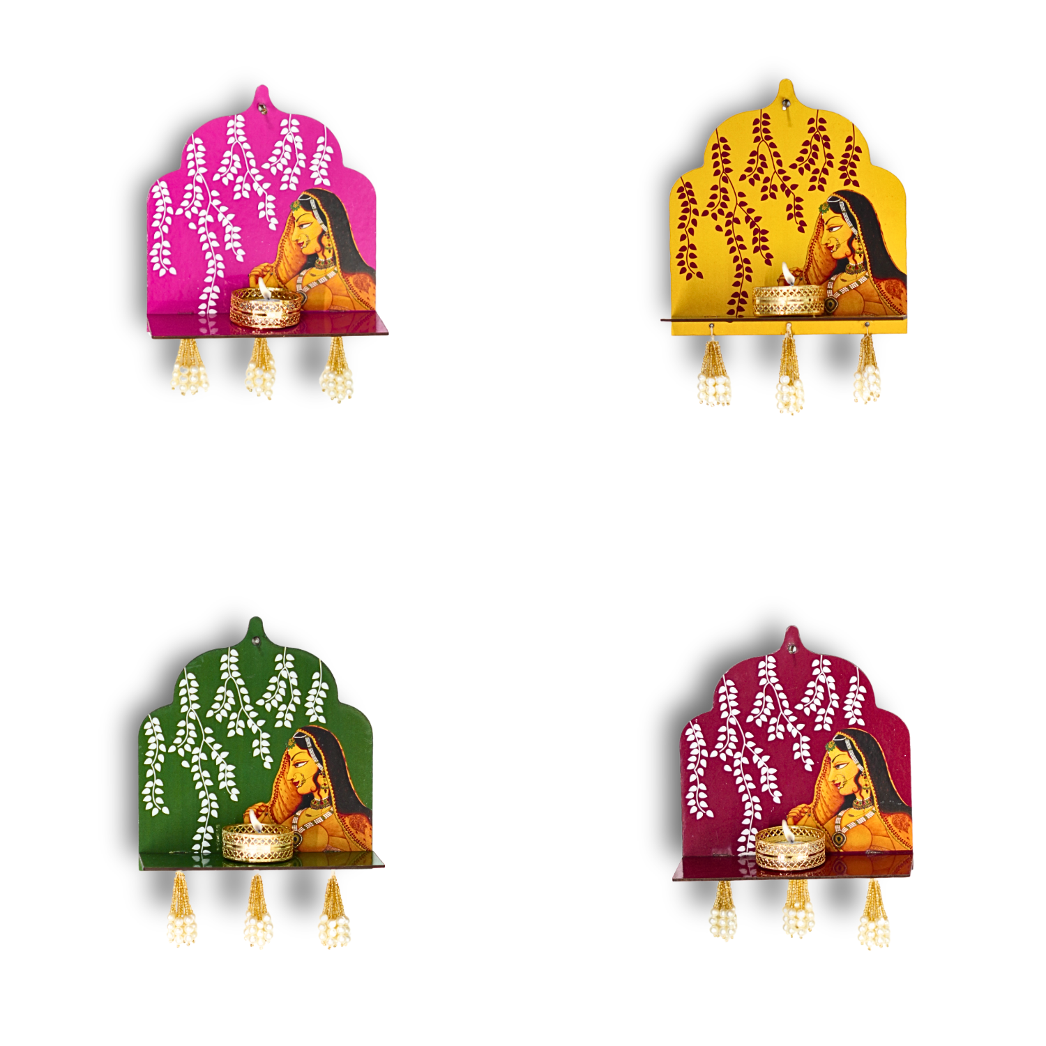 Set of four decorative wall hangings with a woman's face and floral designs on a white background.