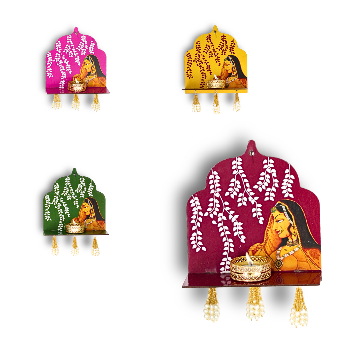 Set of four decorative wall hangings with traditional designs and figures on a white background.